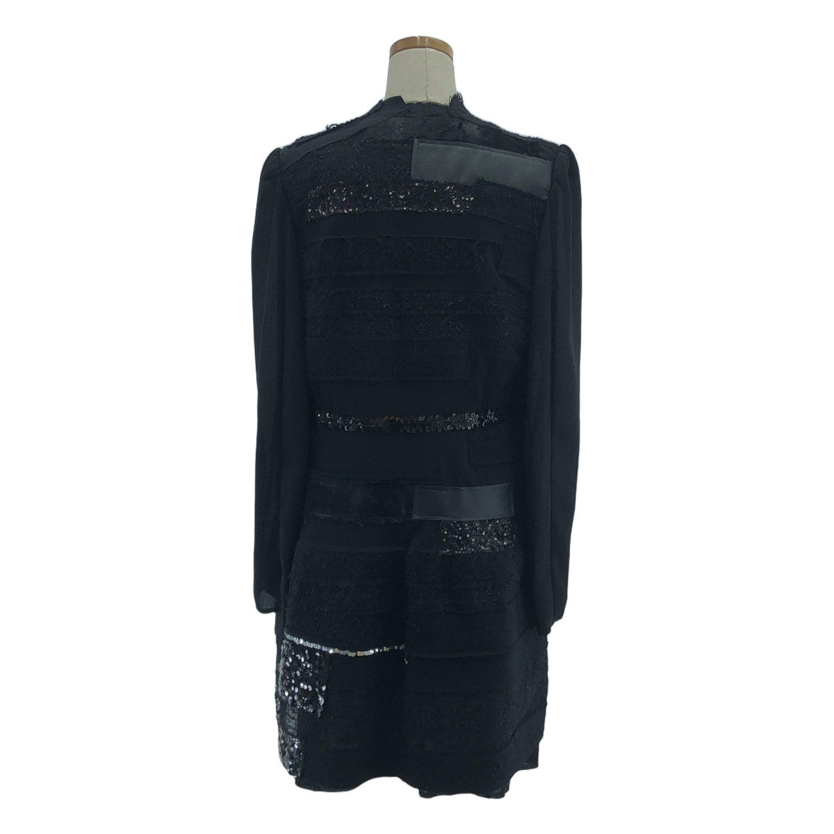 【미품】 JUNYA WATANABE COMME des GARCONS / 준야와타나베 | 2014AW | 폴리 에스테르 다른 소재 전환 가짜 가죽 비쥬 장식 패치 워크 롱 재킷 | M | 블랙 | 여성