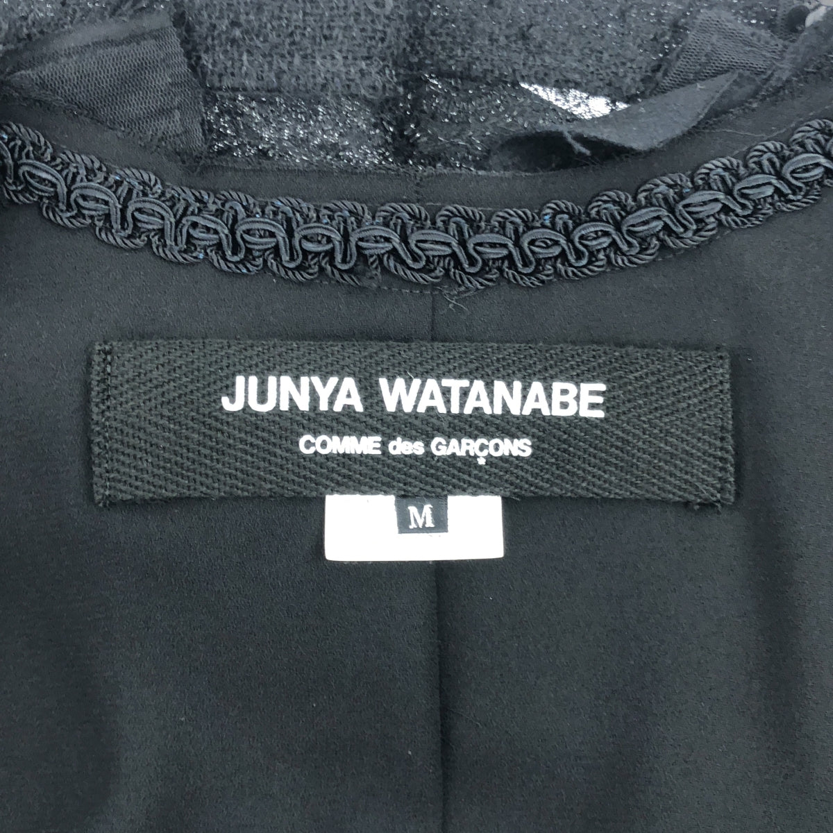 【미품】 JUNYA WATANABE COMME des GARCONS / 준야와타나베 | 2014AW | 폴리 에스테르 다른 소재 전환 가짜 가죽 비쥬 장식 패치 워크 롱 재킷 | M | 블랙 | 여성