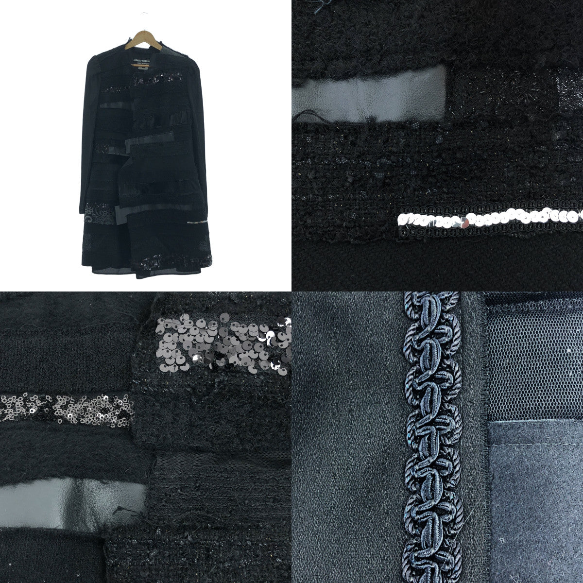 【미품】 JUNYA WATANABE COMME des GARCONS / 준야와타나베 | 2014AW | 폴리 에스테르 다른 소재 전환 가짜 가죽 비쥬 장식 패치 워크 롱 재킷 | M | 블랙 | 여성