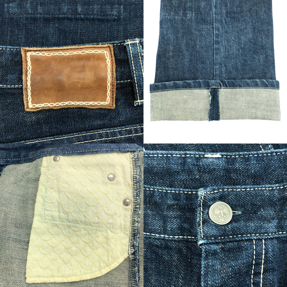 mina perhonen / 미나펠호넨 | always / 염색 가공 가죽 패치 데님 팬츠 | M | 인디고 | 여성