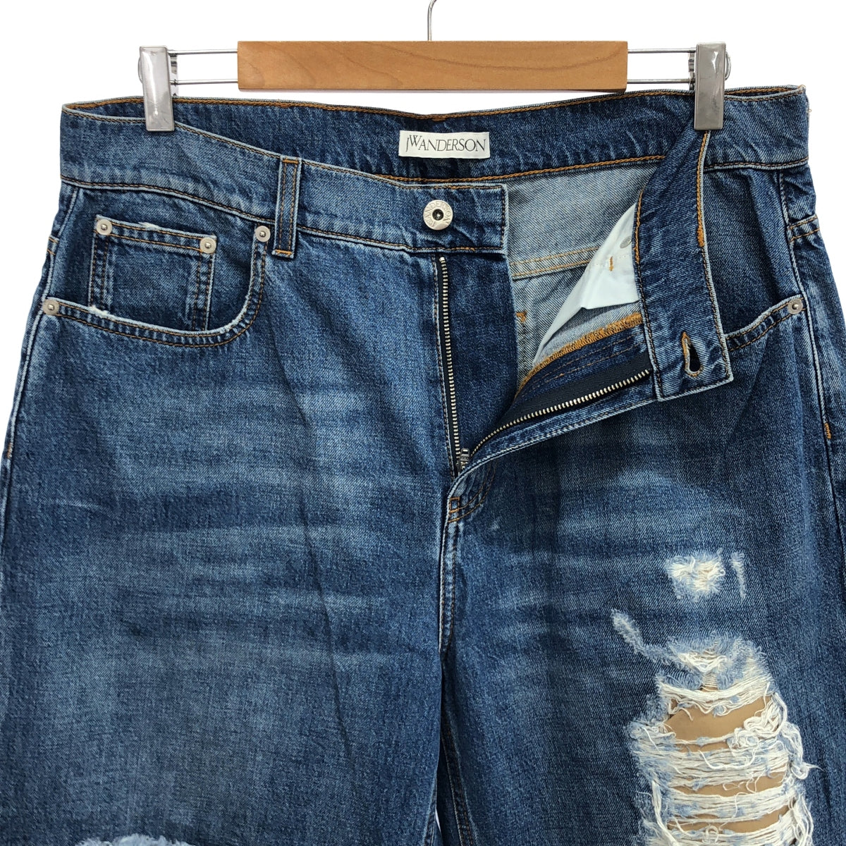 JW Anderson | 2023 春夏 | 混合材質滾邊破洞牛仔褲 | 34 號 | 淺藍色 | 男款