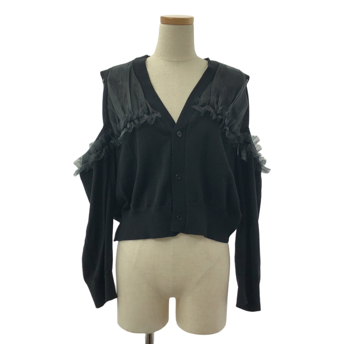 noir kei ninomiya / ノワールケイニノミヤ | 2024AW | チュール フリル 装飾 カットアウト ニット カーディガン | S | ブラック | レディース