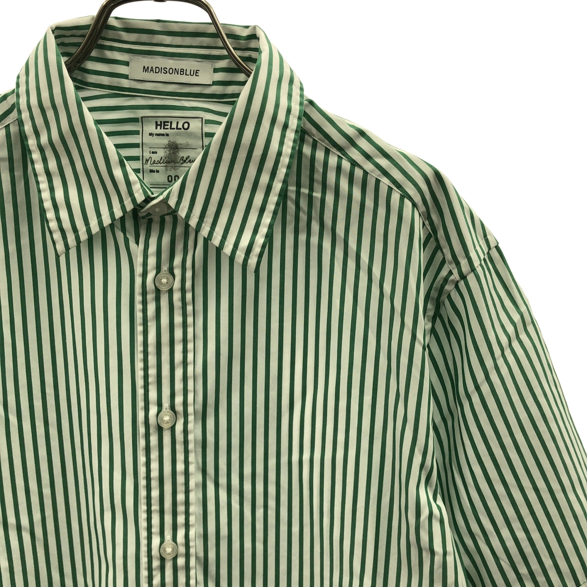 【美品】  MADISON BLUE / マディソンブルー | RELAXED FIT S/S ストライプシャツ | 00(XS) | グリーン/ホワイト | レディース