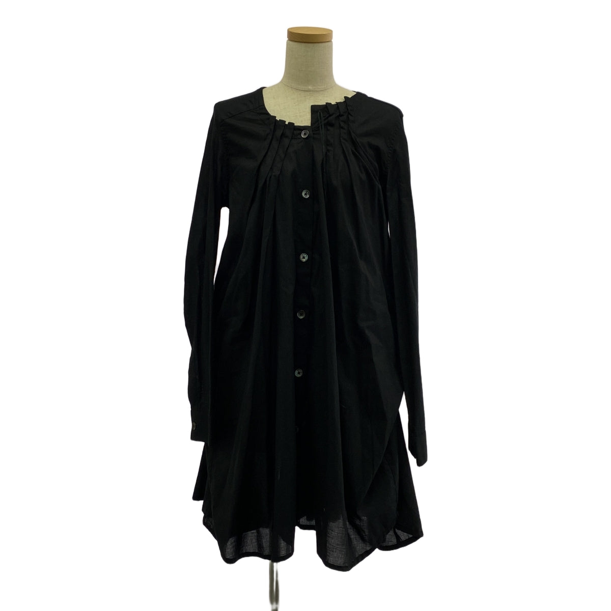 ANN DEMEULEMEESTER / アンドゥムルメステール | ライン ギャザー バンドカラー ロングシャツ | 36 | ブラック | レディース