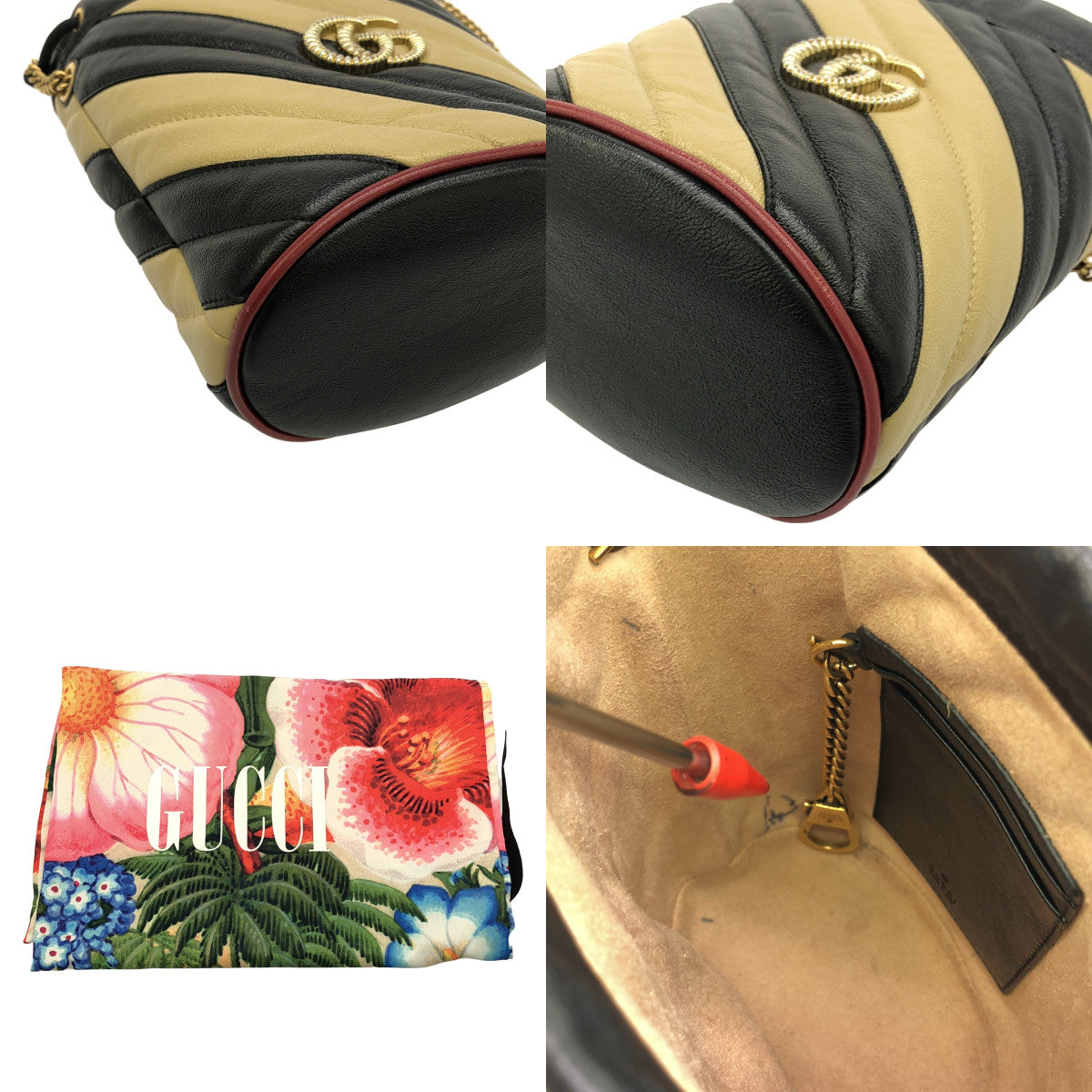 GUCCI / グッチ | GGマーモント キルティング ミニバケット ショルダーバッグ | ブラック / ベージュ | レディース