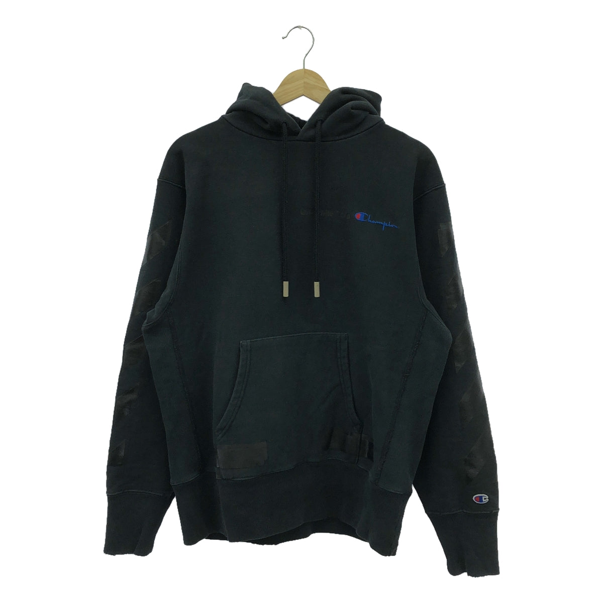 Off-White / オフホワイト | × Champion / チャンピオン ダメージ加工 ロゴ スウェット フーディ | S | チャコールブラック | メンズ