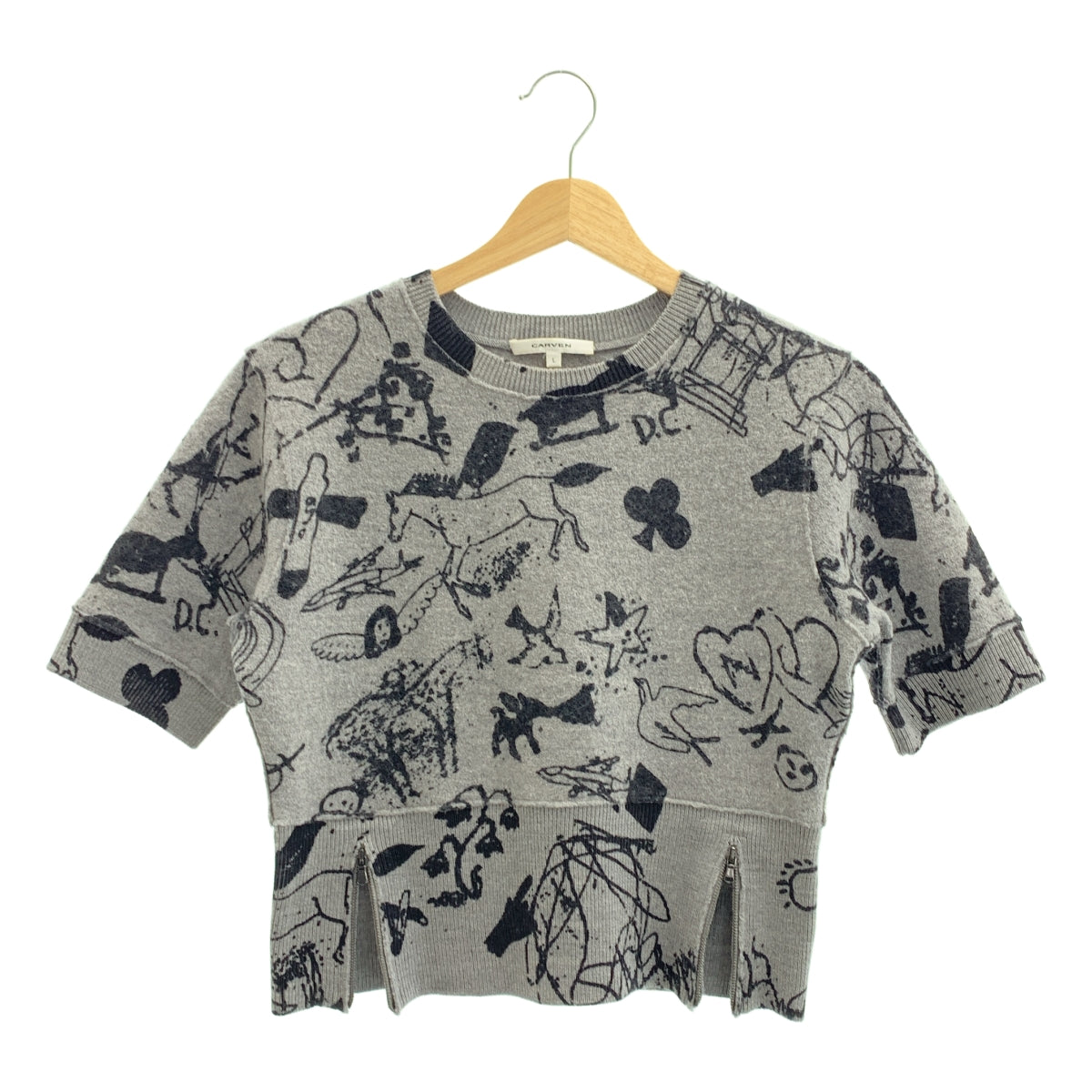 CARVEN / カルヴェン | ウール 総柄 裾ジップ ニット | L | グレー/ブラック | レディース