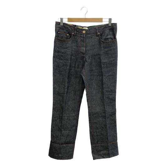 HERMES | Gaultier-era Serie button leather patch linen denim pants / lined | 36 | Indigo | Women's