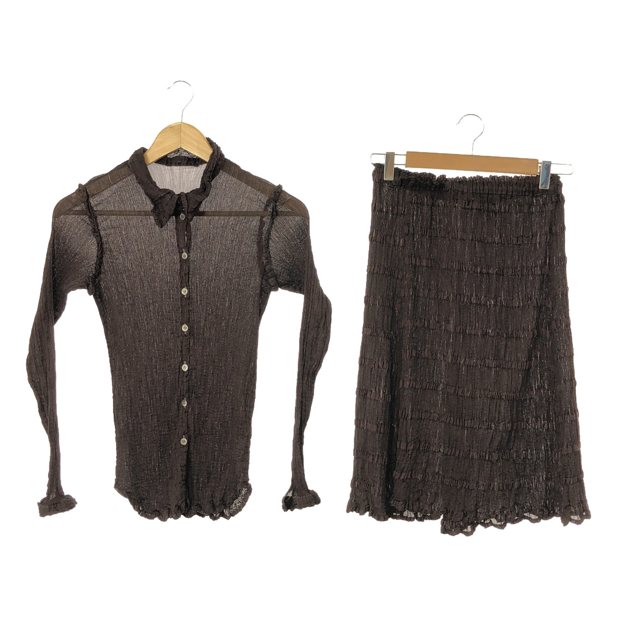 [Good Condition] me ISSEY MIYAKE | Three-piece see-through crepe shirt, skirt and dress | Dark brown | Women's