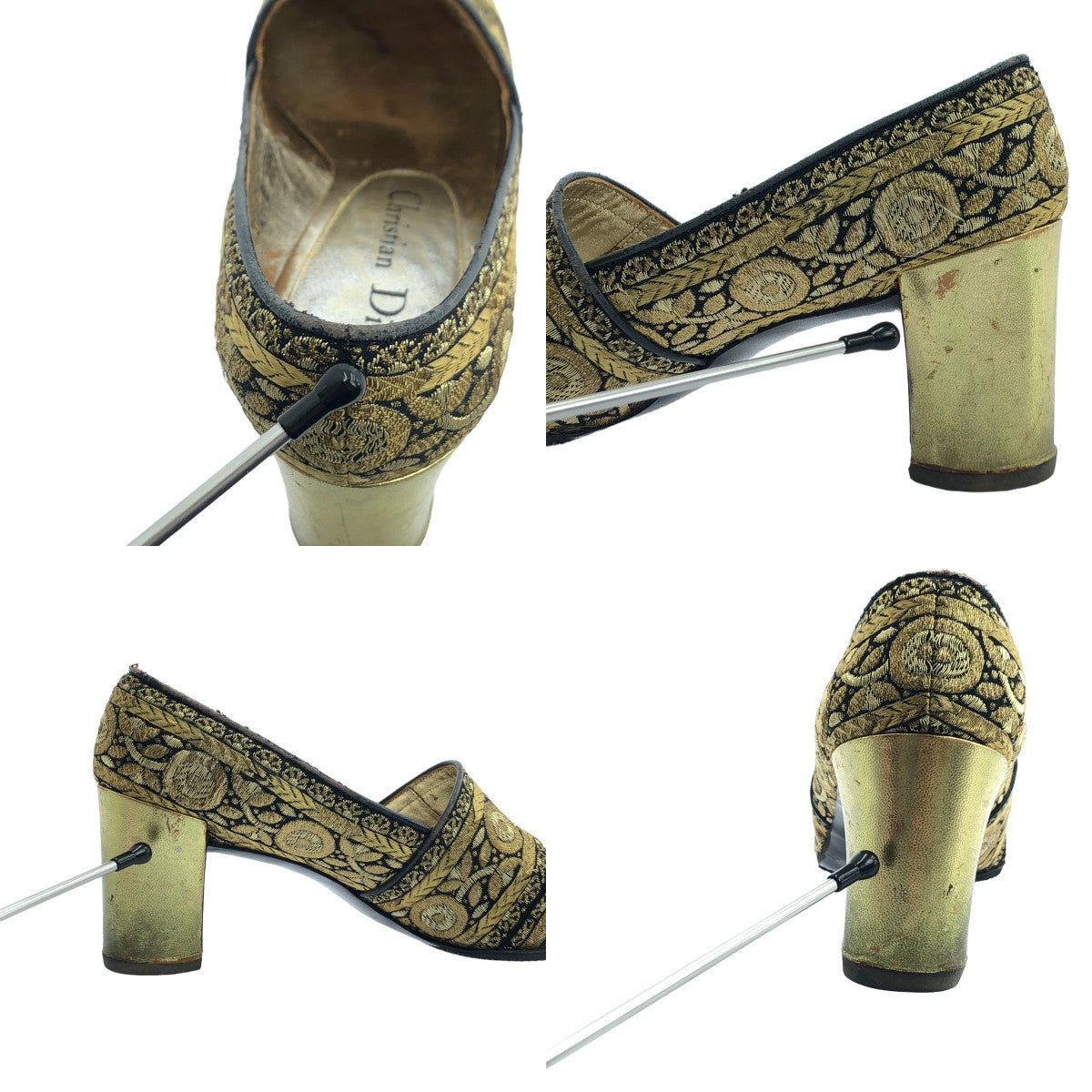 Christian Dior / 기독교 디올 | 총 무늬 자수 힐 펌프스 | 35 1/2 | 골드 | 여성