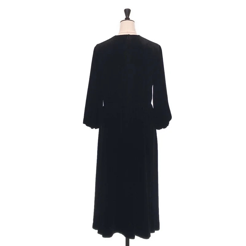 【미품】 noir kei ninomiya / 느와르 케이 니노미야 | 2022AW | 레이온 실크 벨벳 포켓 개더 볼륨 원피스 / 안감 있음 | S | 블랙 | 여성