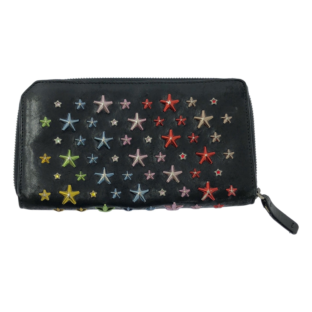JIMMY CHOO / ジミーチュウ | レザー スタッズ レインボー ラウンドジップ  ウォレット 長財布 / ユニセックス | ブラック | メンズ