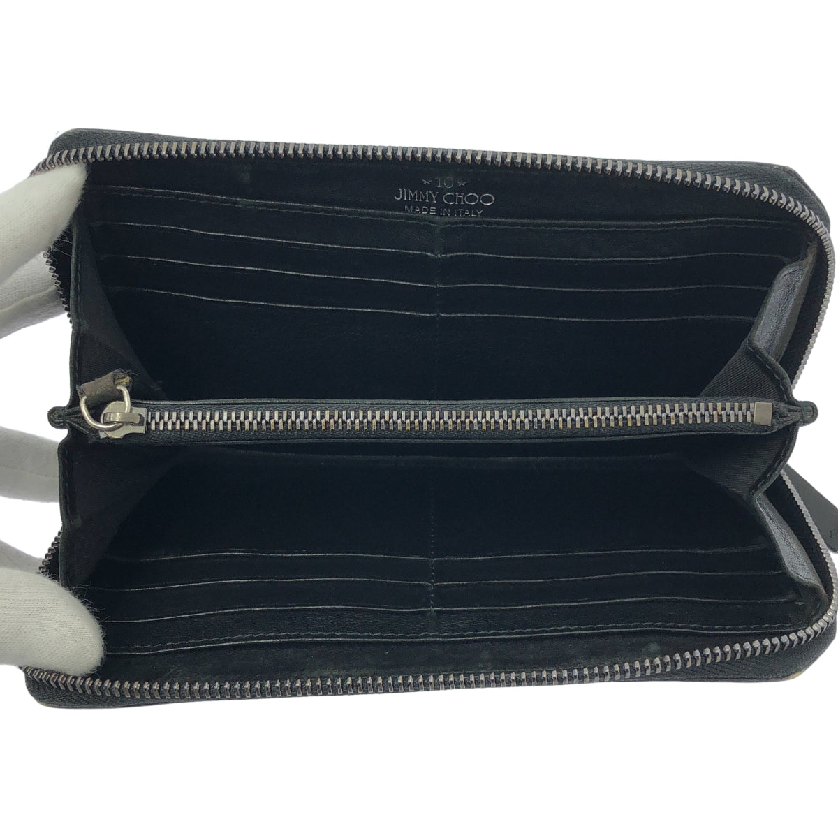 JIMMY CHOO | 皮革鉚釘彩虹圓形拉鍊皮夾 / 男女通用 | 黑色 | 男士