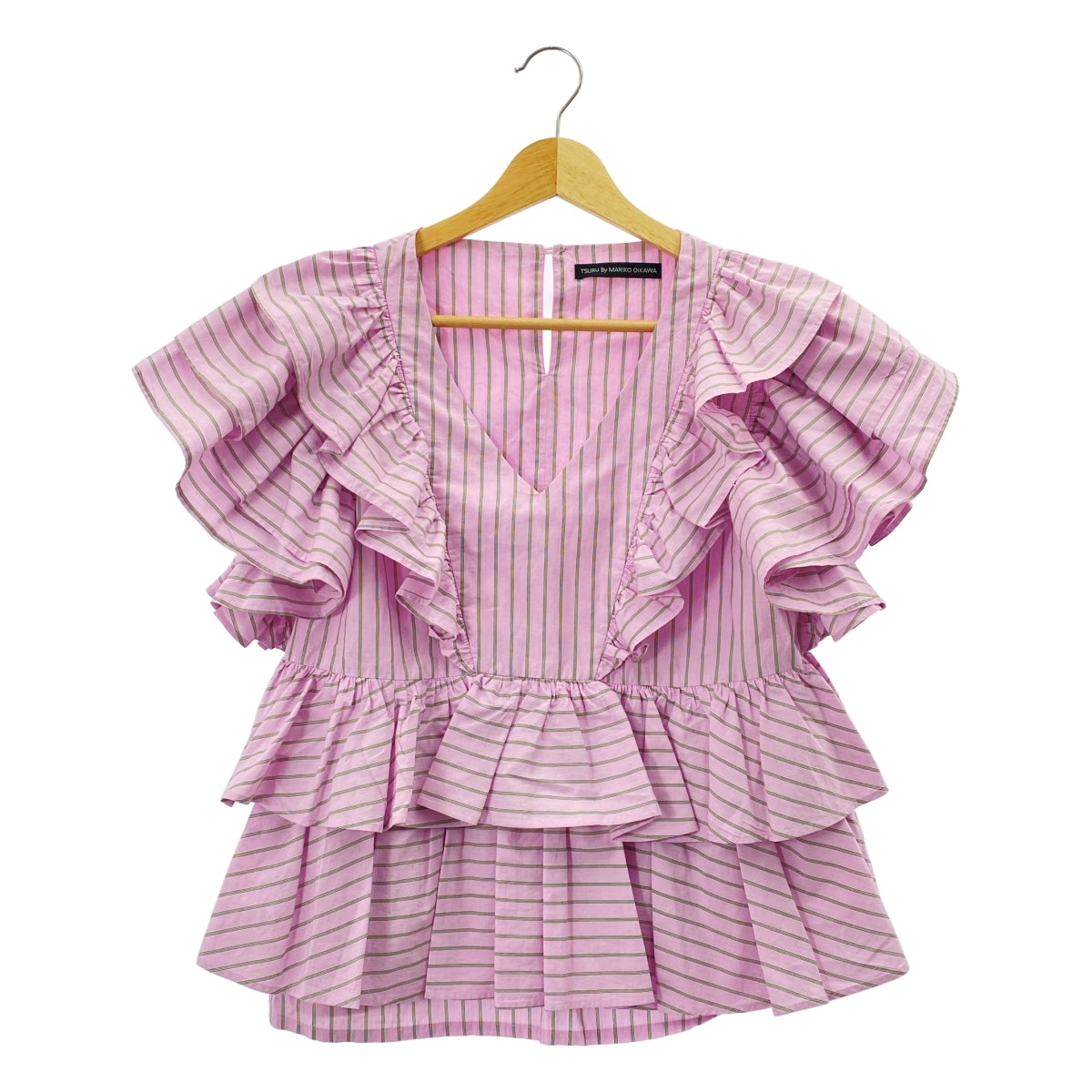 TSURU by Mariko Oikawa | 荷葉邊條紋V領套頭衫 | F碼 | 女款