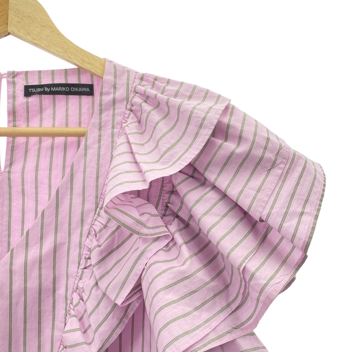 TSURU by Mariko Oikawa | 荷葉邊條紋V領套頭衫 | F碼 | 女款