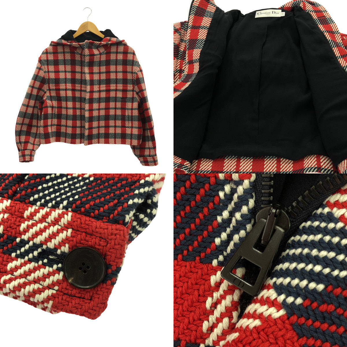 【美品】  Christian Dior / クリスチャンディオール | HOODED BLOUSON  / フライフロント ショートジャケット フーディ / 総裏地 | 34 | レッド/ネイビー/ホワイト | レディース