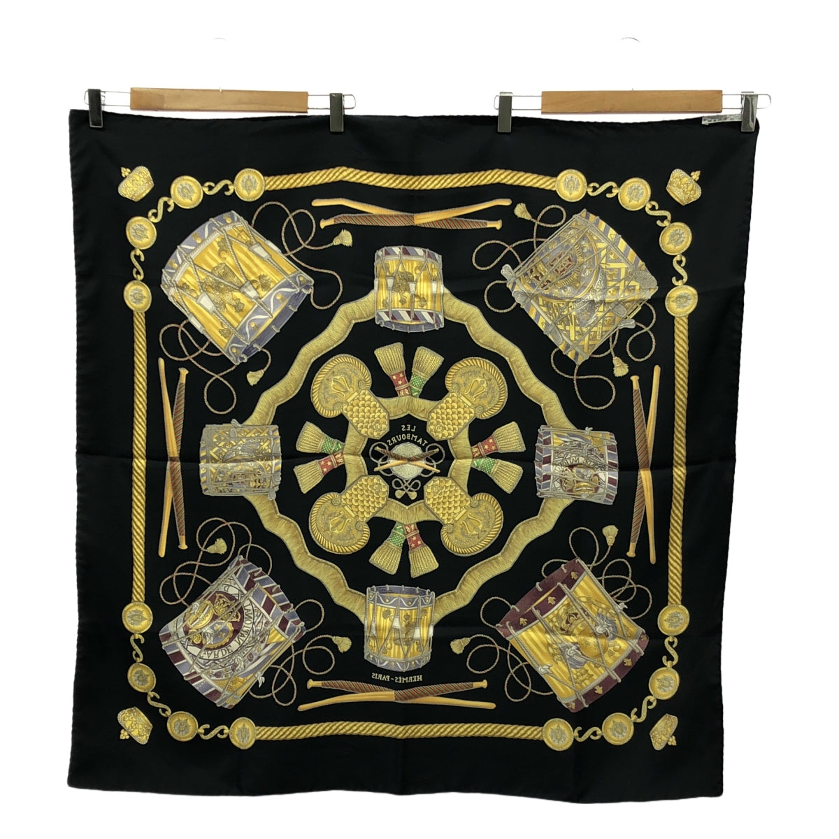 【美品】  HERMES / エルメス | LES TAMBOURS タンブールの太鼓 カレ90 シルク スカーフ | ブラック/ゴールド