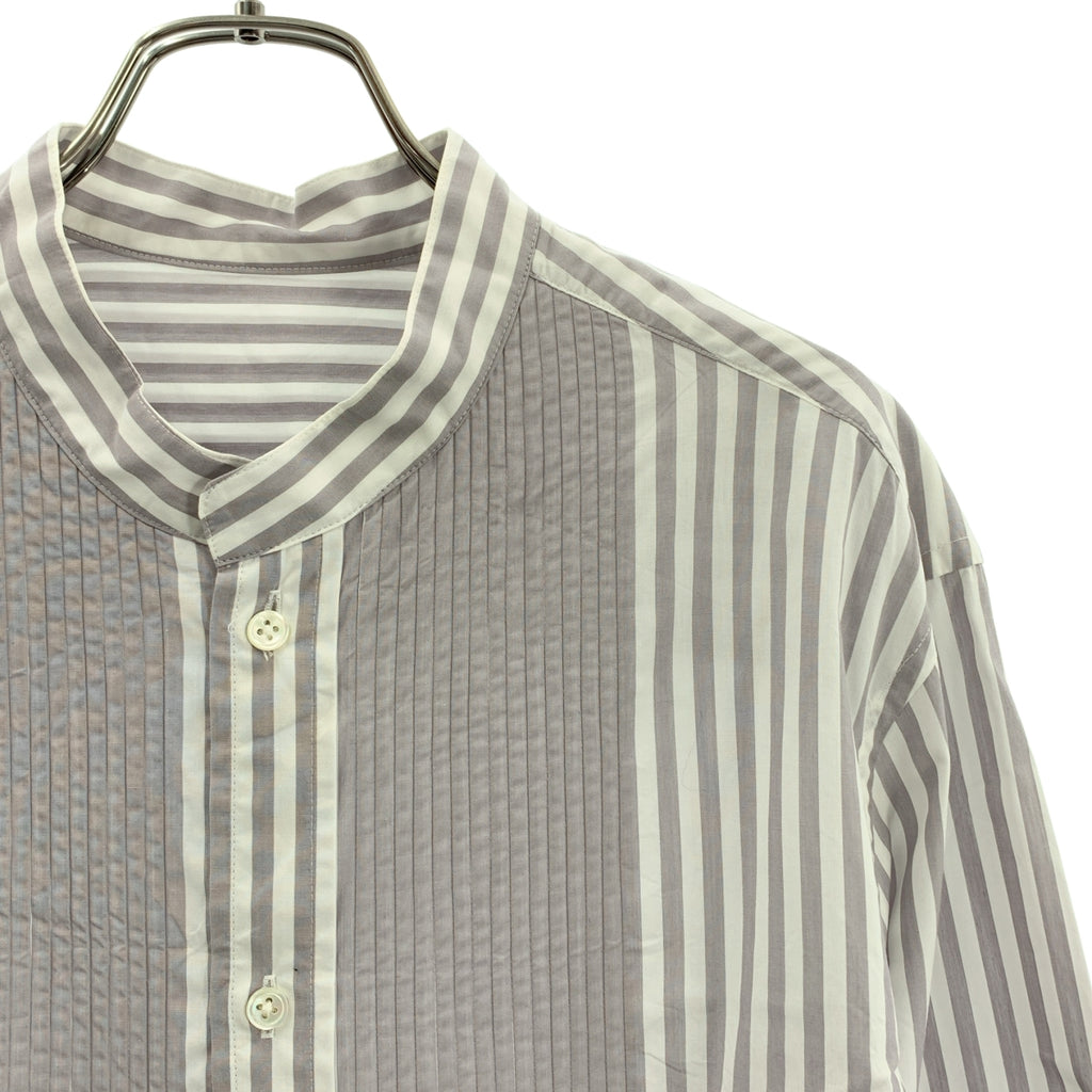 【成色極佳】KUON | 雙面褶皺襯衫，條紋立領 | M碼 | 白色/灰色 | 男士
