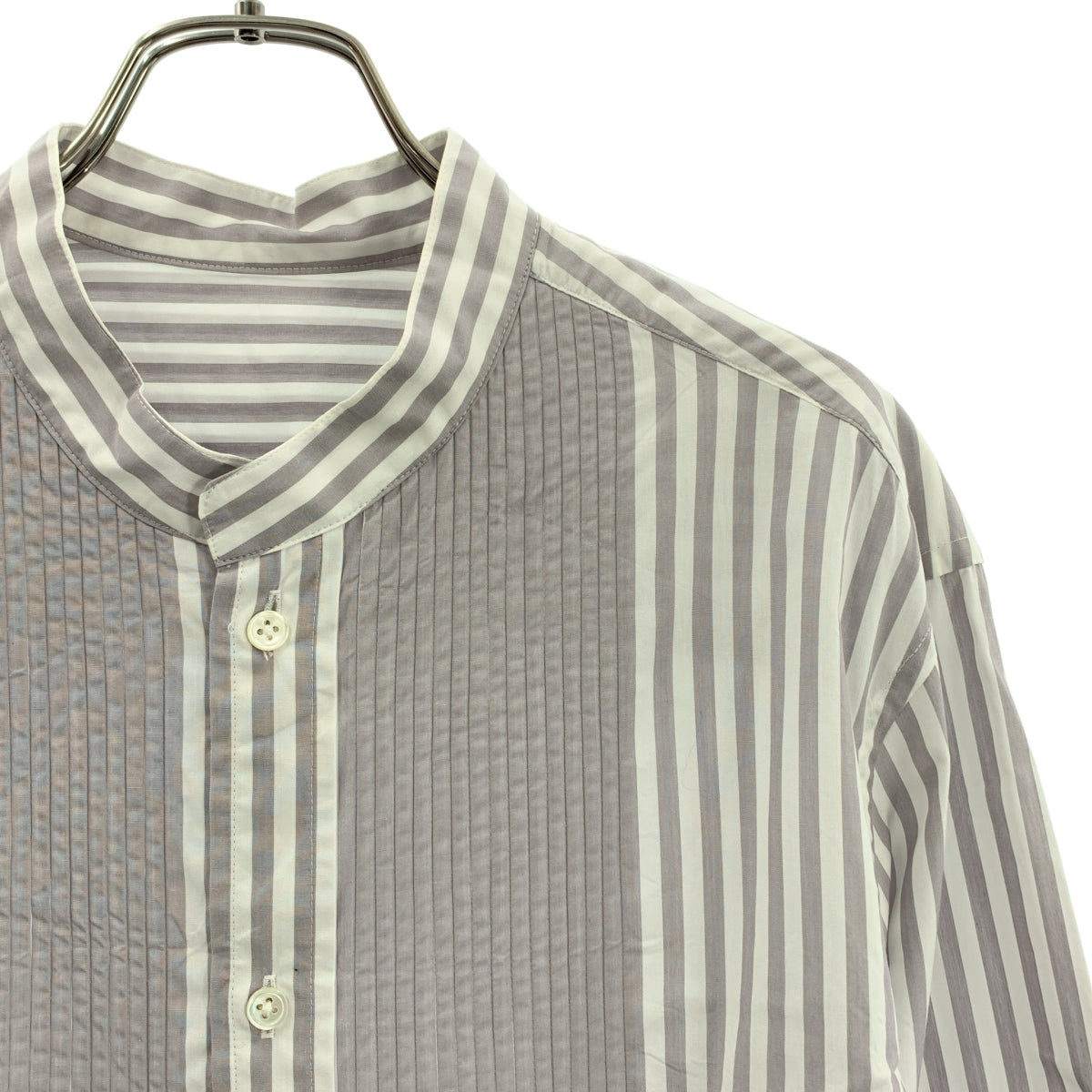 【成色極佳】KUON | 雙面褶皺襯衫，條紋立領 | M碼 | 白色/灰色 | 男士