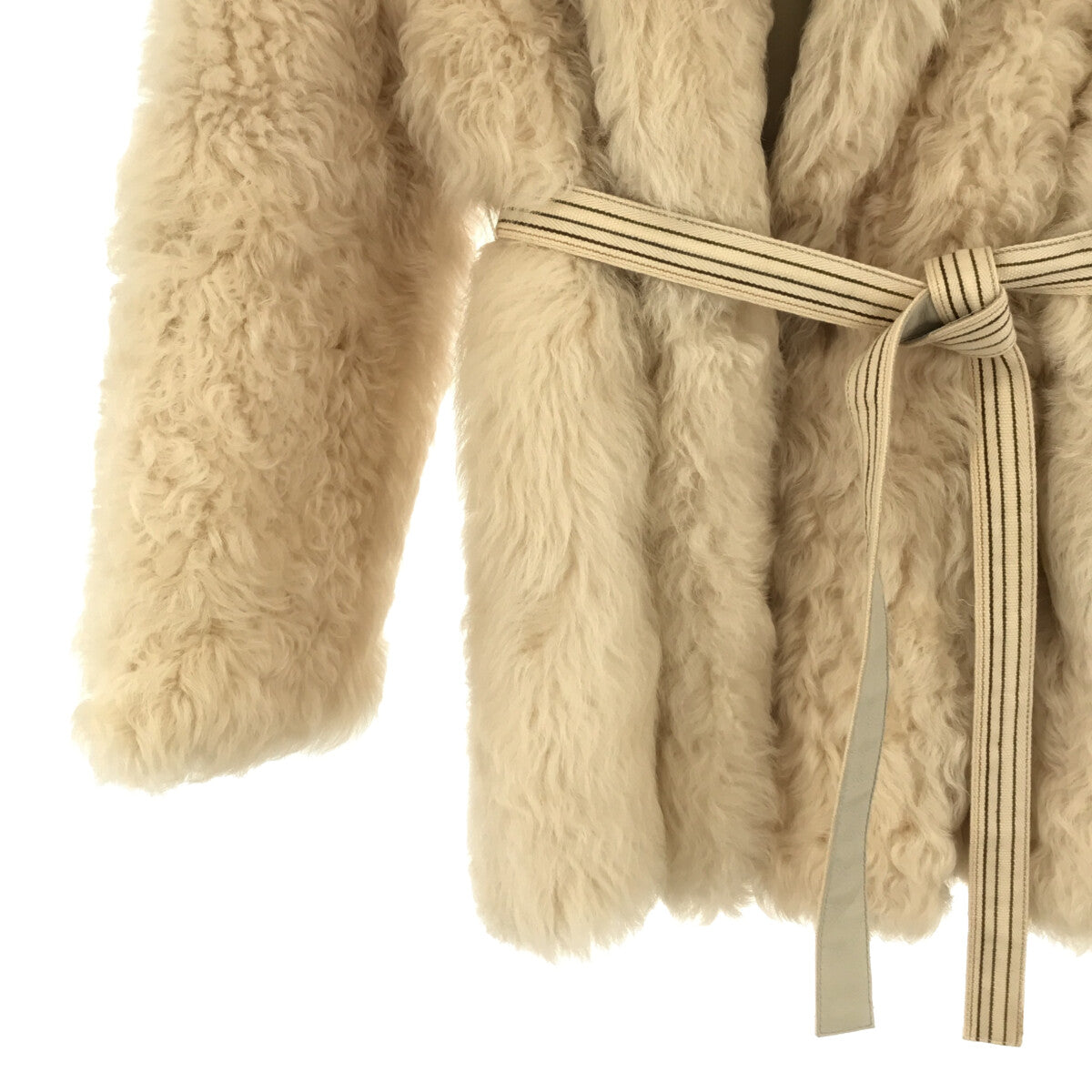 SPRUNG FRERES | Reversible shawl collar shearling coat with belt | XXS | Off-white / Light grey | Women's