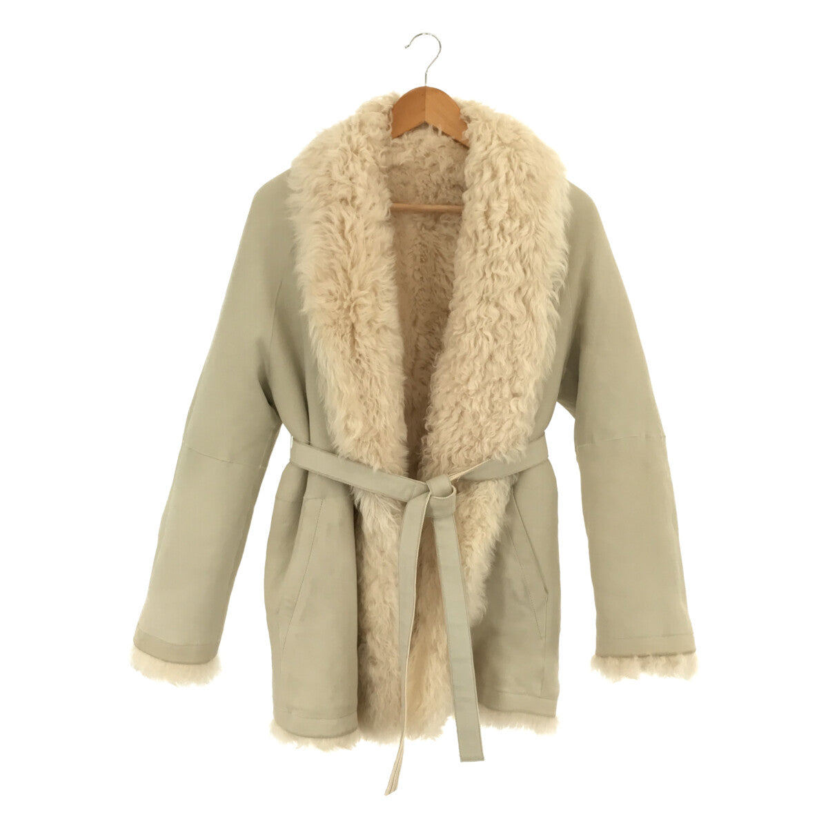 SPRUNG FRERES | Reversible shawl collar shearling coat with belt | XXS | Off-white / Light grey | Women's