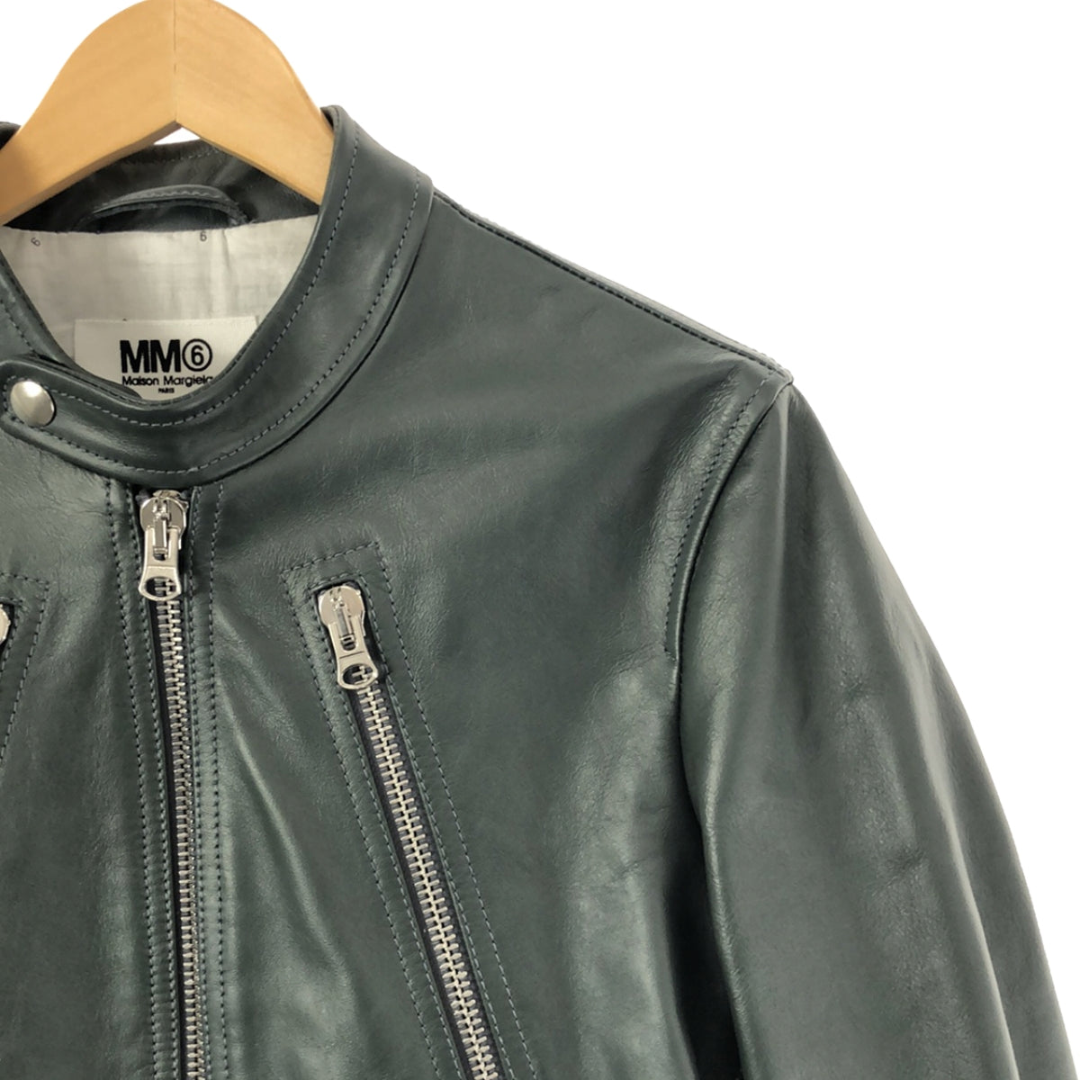 [新品] MM6 Maison Margiela | 2022春夏 |牛皮單騎手夾克 |尺寸 38 |深綠色 |女性的