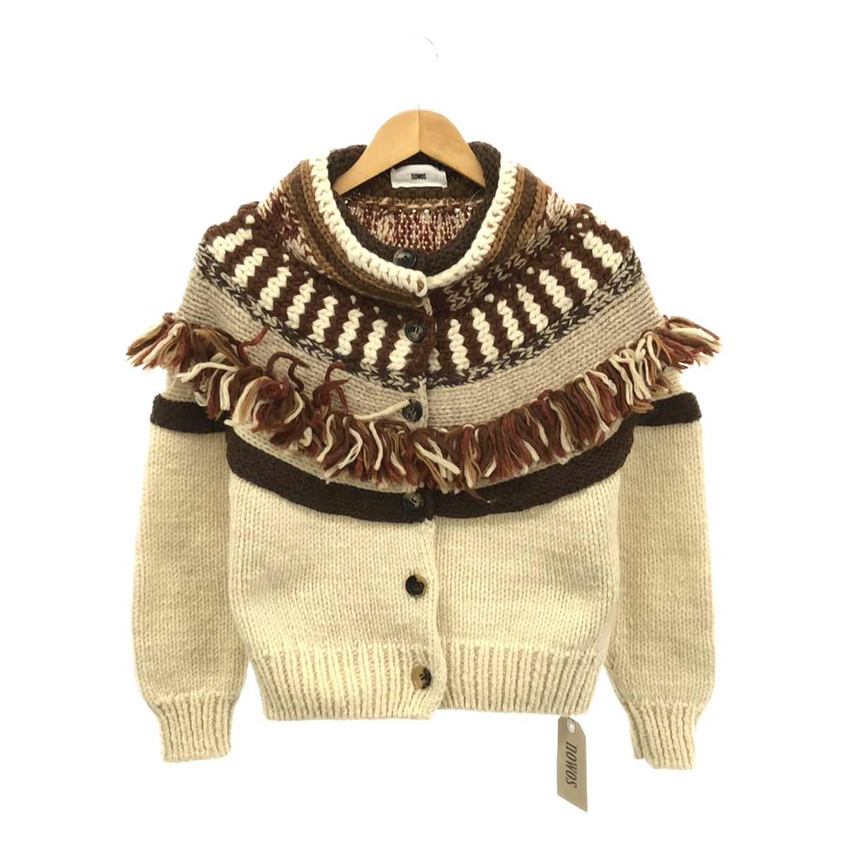 [New] NOWOS | Wool Nordic Pattern Cowichan Fringe Knit Cardigan Jacket | F | White | Women's