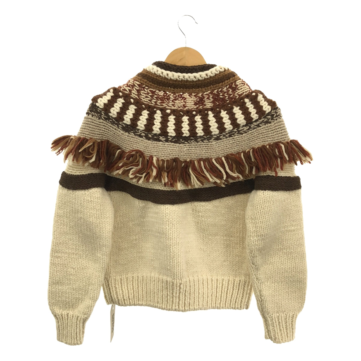 [New] NOWOS | Wool Nordic Pattern Cowichan Fringe Knit Cardigan Jacket | F | White | Women's