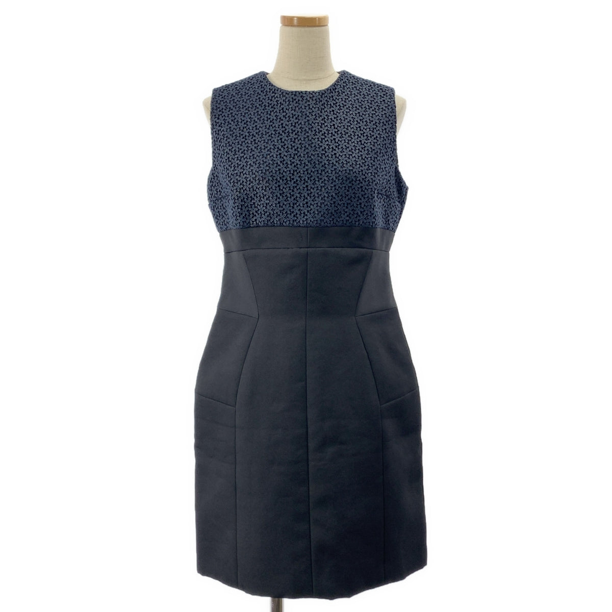 【美品】  Christian Dior / クリスチャンディオール | フラワーレース バックジップ ノースリーブ ドレス ワンピース / 総裏地 | 38 | ブラック/ネイビー | レディース