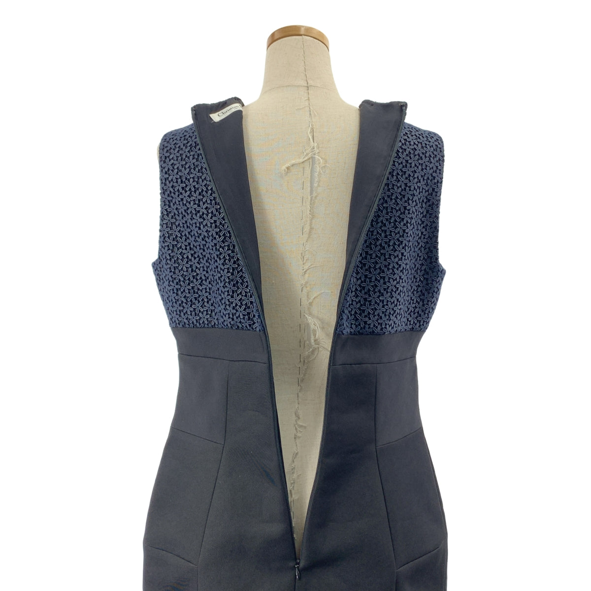 【美品】  Christian Dior / クリスチャンディオール | フラワーレース バックジップ ノースリーブ ドレス ワンピース / 総裏地 | 38 | ブラック/ネイビー | レディース
