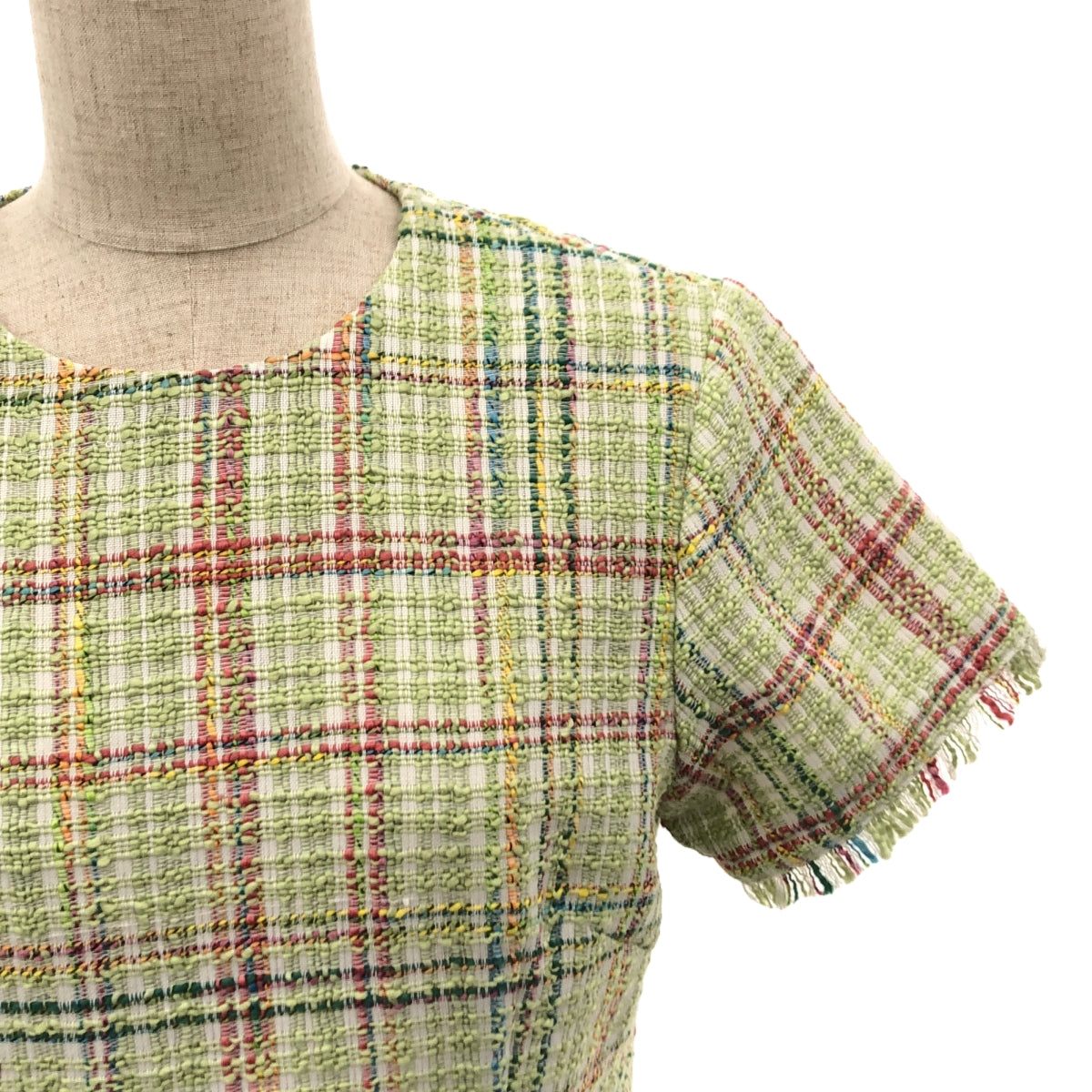 [品相良好] SEVEN TEN by MIHO KAWAHITO | 2023SS |粗花呢剪裁喇叭半袖連身裙 | S |綠色 |女性的