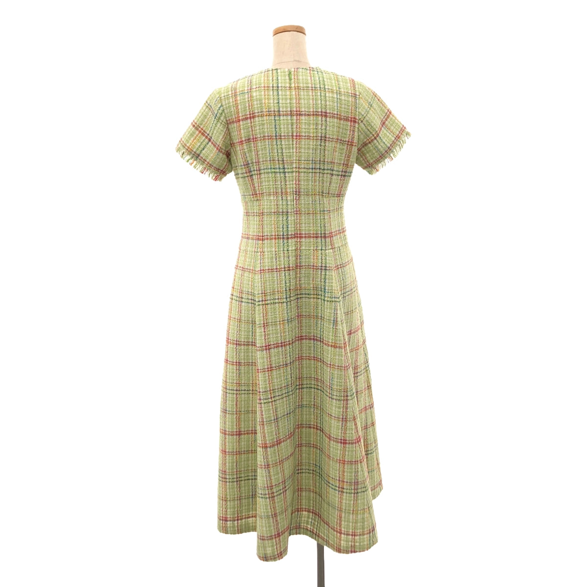 [品相良好] SEVEN TEN by MIHO KAWAHITO | 2023SS |粗花呢剪裁喇叭半袖連身裙 | S |綠色 |女性的