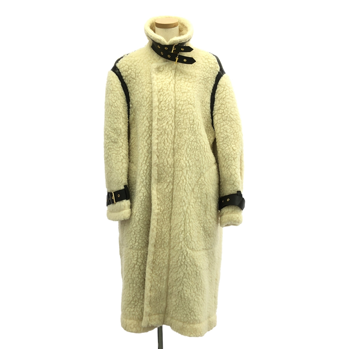 【美品】  INSCRIRE / アンスクリア | レザー切替 チンストラップ ムートン ボア オーバーコート / 総裏地 | 36 | アイボリー | レディース