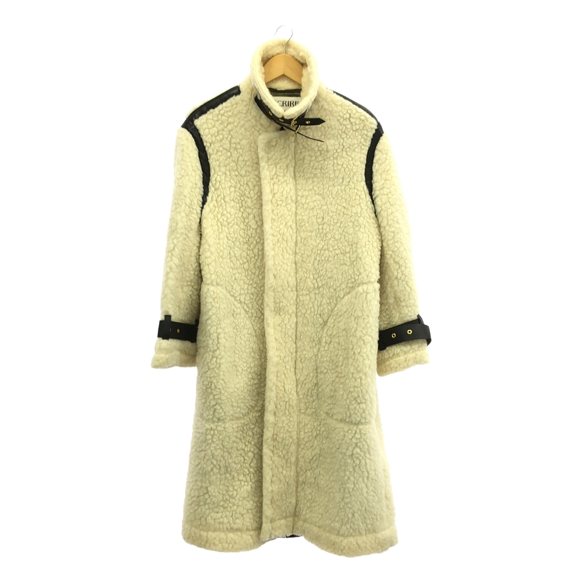 [品相良好] INSCRIRE | 皮革邊飾下巴帶羊毛圍巾大衣 / 全襯裡 | 尺寸 36 | 象牙色 | 女款