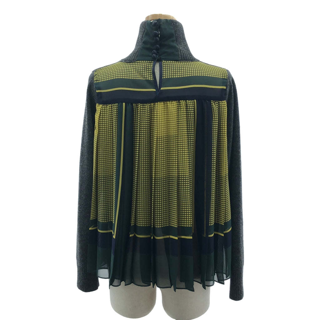 sacai / 사카이 | 백 플리츠 체크 무늬 다른 소재 풀오버 니트 | 1 | 회색 | 여성