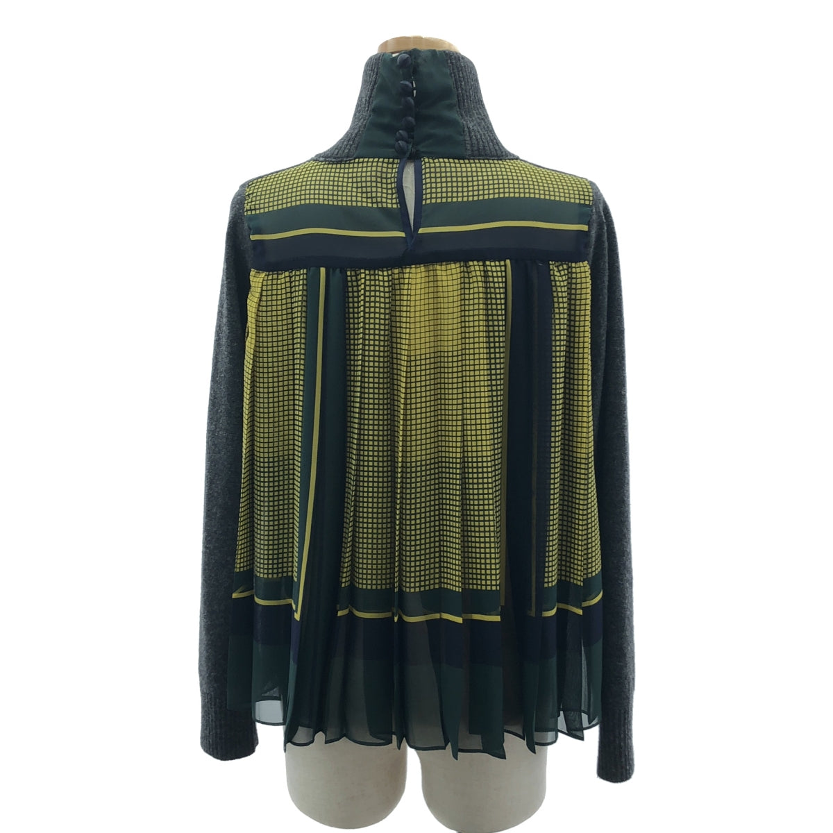 sacai / 사카이 | 백 플리츠 체크 무늬 다른 소재 풀오버 니트 | 1 | 회색 | 여성