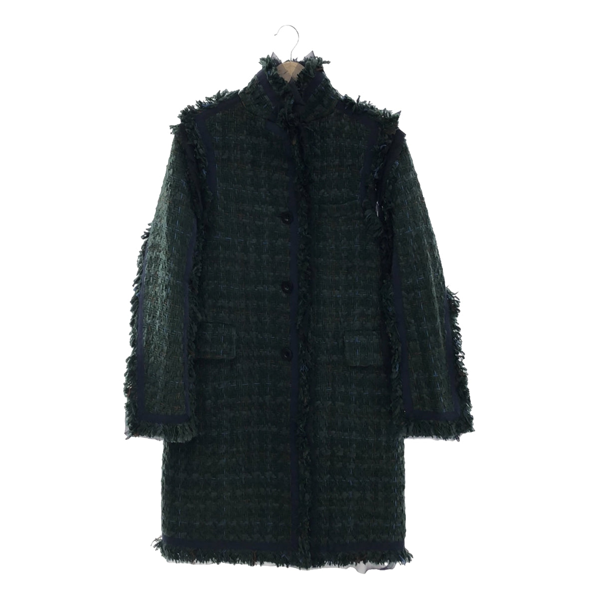 【미품】 sacai / 사카이 | 프린지 트위드 스탠드 컬러 코트 | 1 | 그린 | 여성
