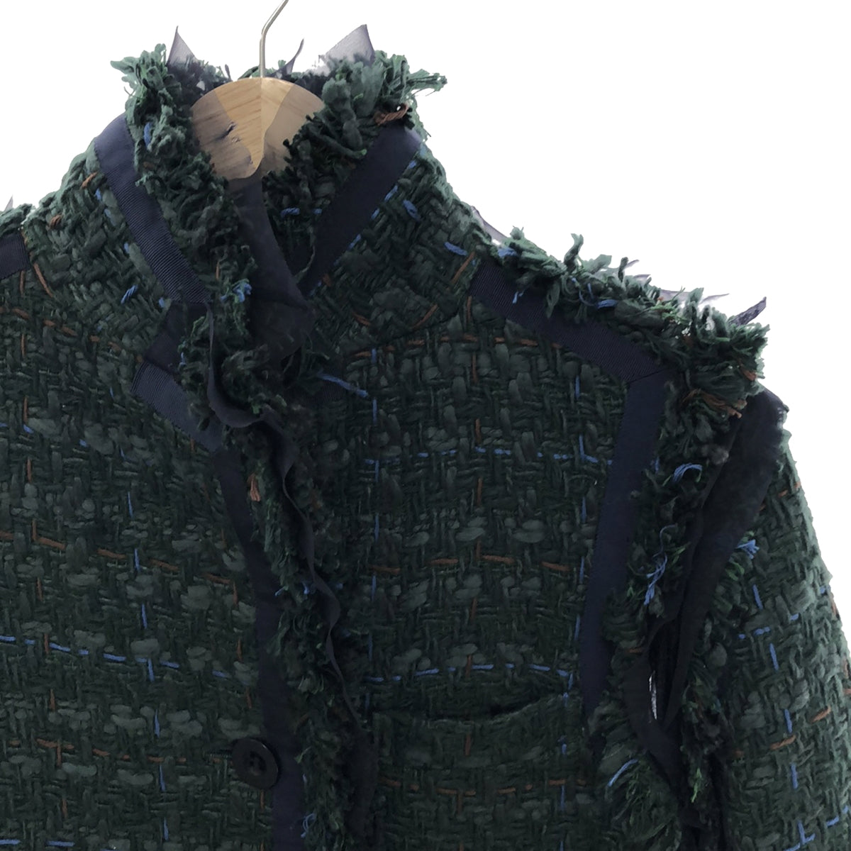 【미품】 sacai / 사카이 | 프린지 트위드 스탠드 컬러 코트 | 1 | 그린 | 여성