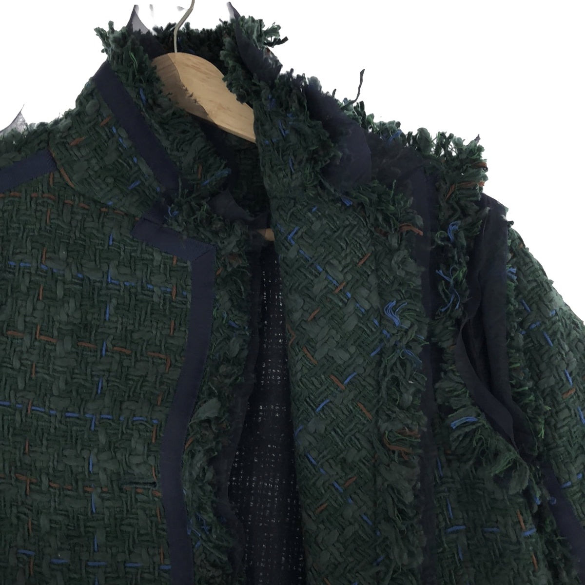 【미품】 sacai / 사카이 | 프린지 트위드 스탠드 컬러 코트 | 1 | 그린 | 여성