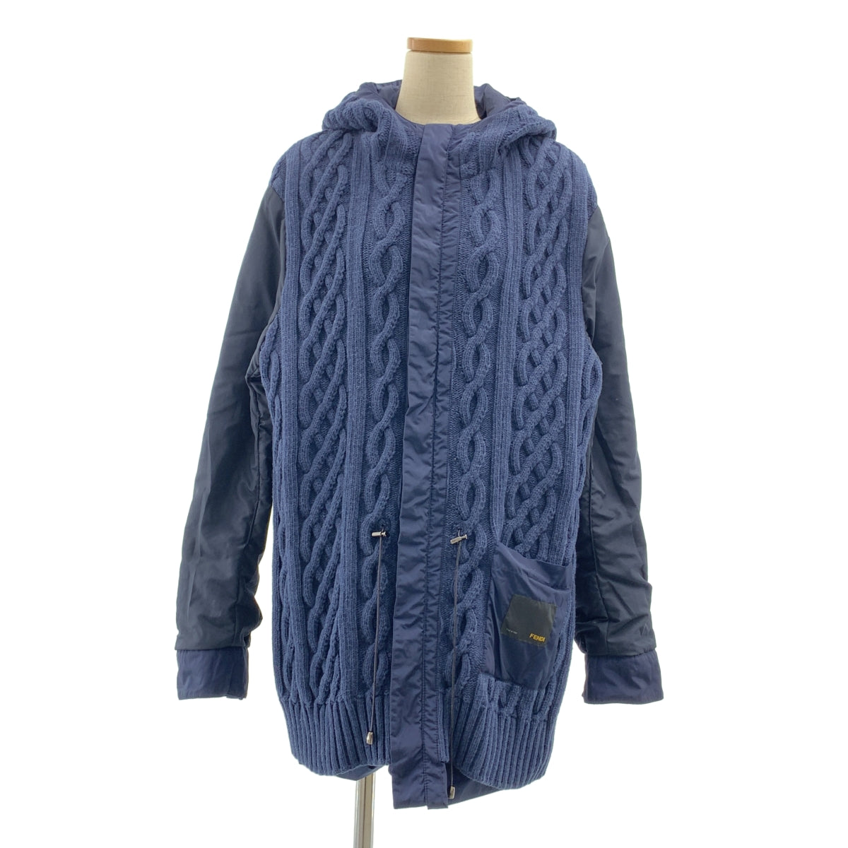 FENDI / フェンディ | ナイロン ロゴジップ ドローストリング オーバーコート フーディ / ケーブルニット総裏地 | 48 | メンズ