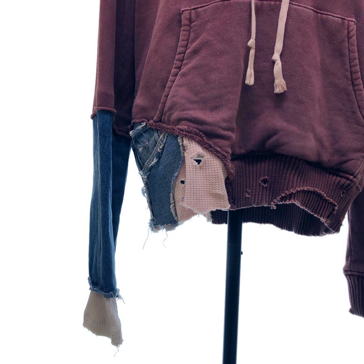 GREG LAUREN / グレッグローレン | GRAPEI DENIM FRAGMENT HOODIE / ダメージ加工 再構築 ドッキング デニム スウェット フーディ | 1 | ボルドー/インディゴ | メンズ