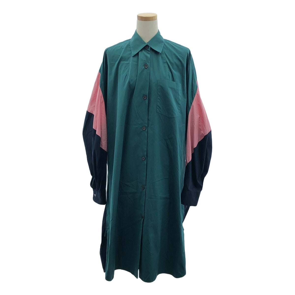 DRIES VAN NOTEN / 드리스 반 노텐 | 돌만 슬리브 오버 사이즈 셔츠 원피스 | XS | 그린/핑크/네이비 | 여성