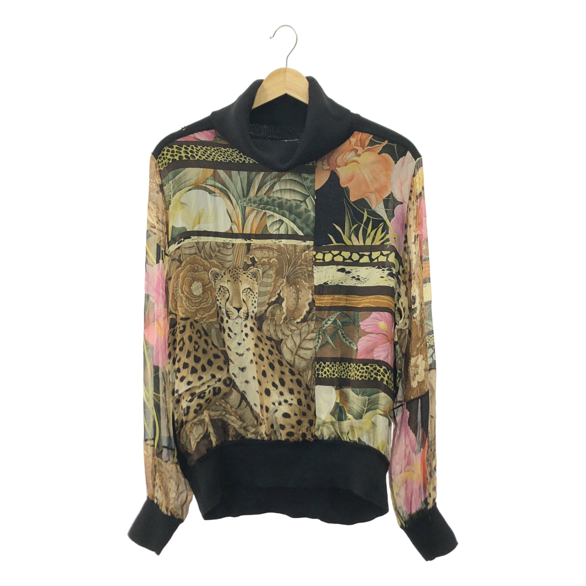 Salvatore Ferragamo / サルヴァトーレフェラガモ | シルク ウール 異素材 切替  総柄 アニマル タートルネック ニット セーター | L | ブラック/マルチカラー | レディース