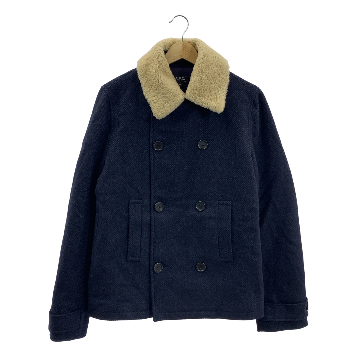 A.P.C. / アーペーセー | 襟ムートン ヘリンボーンツイード Pコート ピーコート | XS | ネイビー / アイボリー | メンズ