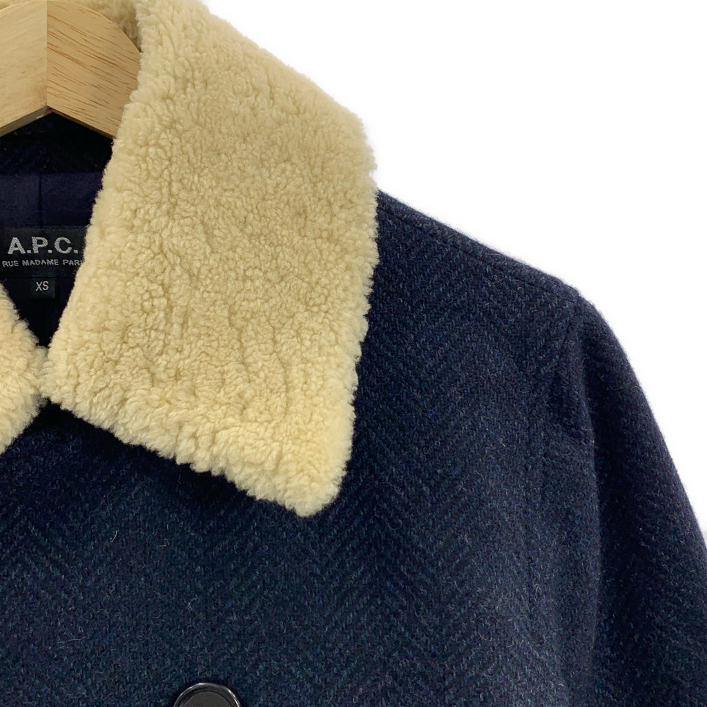 A.P.C. / アーペーセー | 襟ムートン ヘリンボーンツイード Pコート ピーコート | XS | ネイビー / アイボリー | メンズ