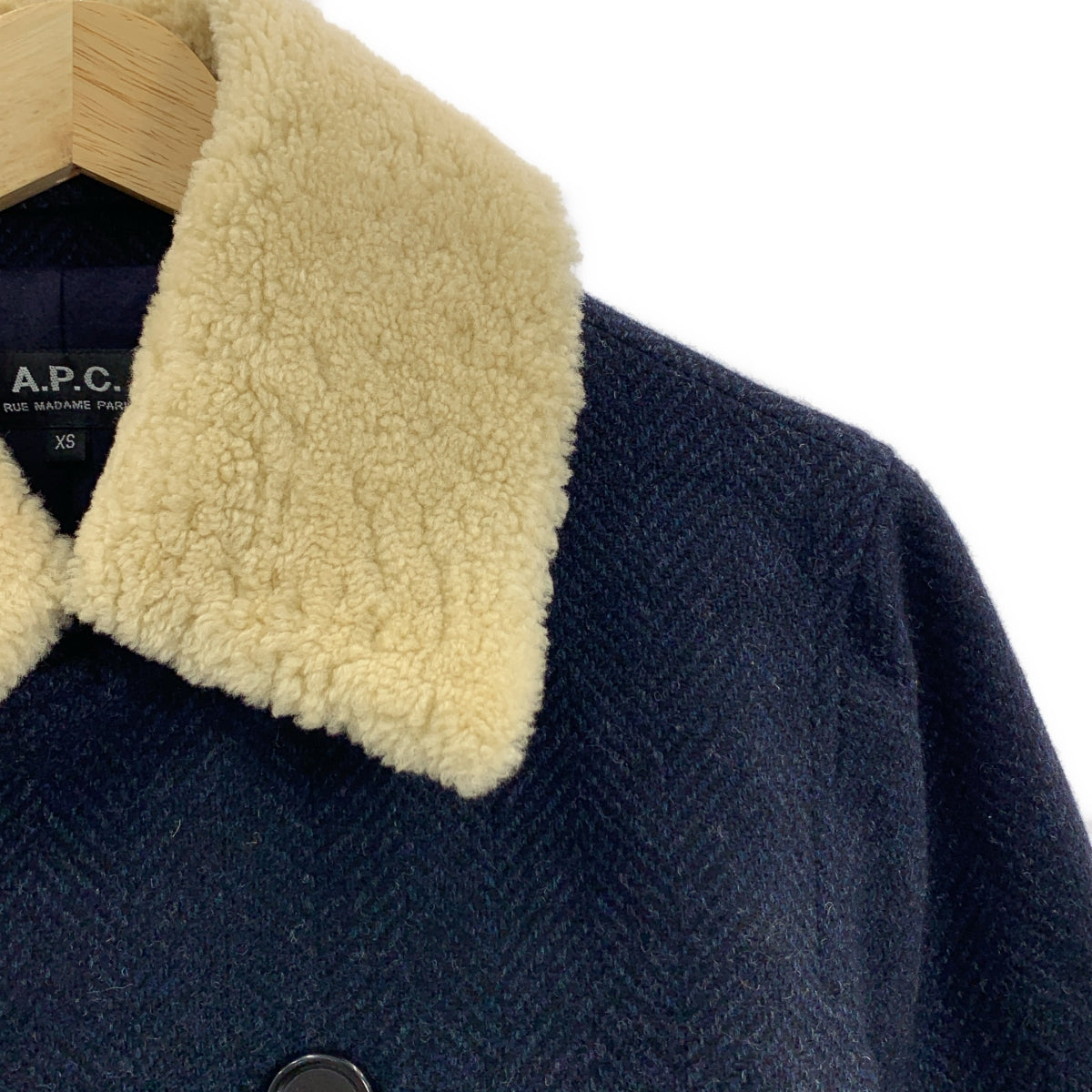 A.P.C. / アーペーセー | 襟ムートン ヘリンボーンツイード Pコート ピーコート | XS | ネイビー / アイボリー | メンズ