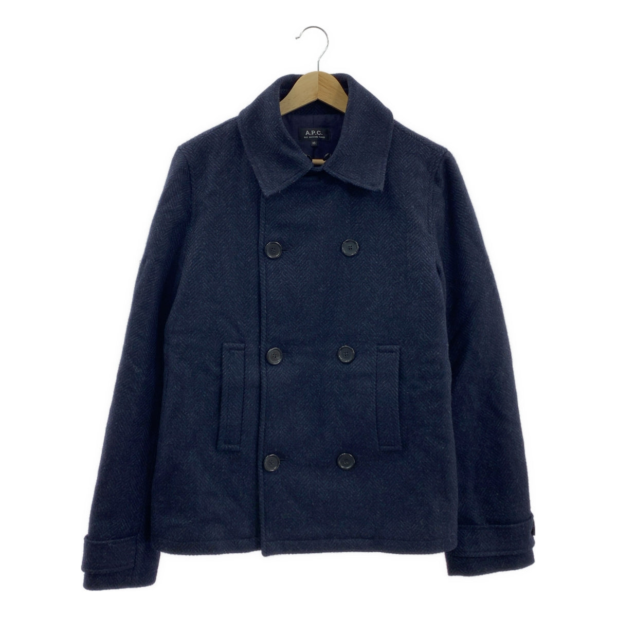 A.P.C. / アーペーセー | 襟ムートン ヘリンボーンツイード Pコート ピーコート | XS | ネイビー / アイボリー | メンズ