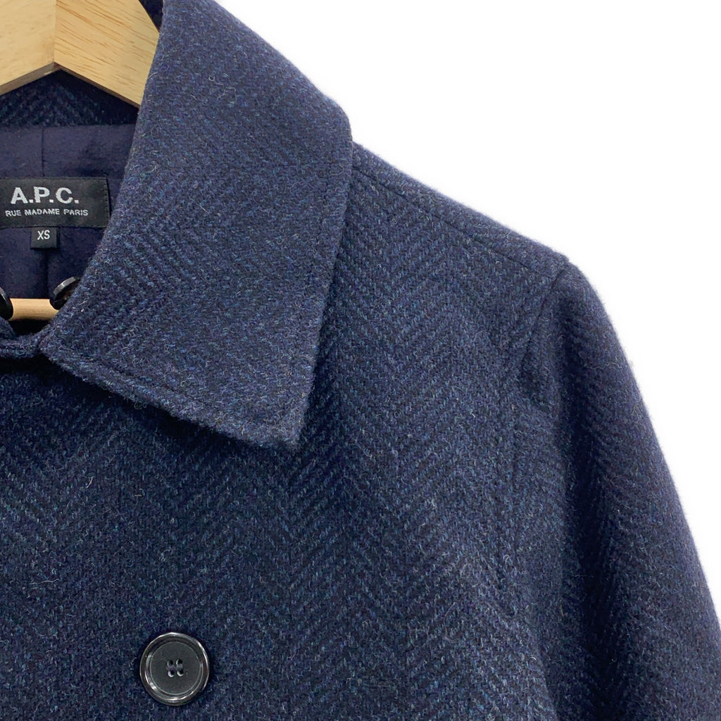 A.P.C. / アーペーセー | 襟ムートン ヘリンボーンツイード Pコート ピーコート | XS | ネイビー / アイボリー | メンズ