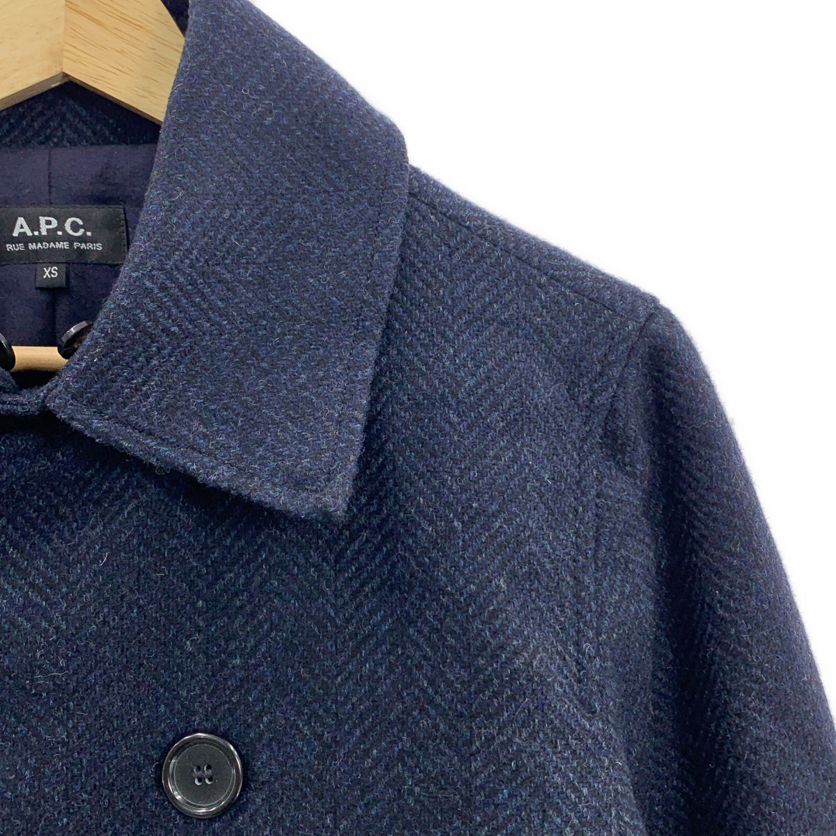 A.P.C. / アーペーセー | 襟ムートン ヘリンボーンツイード Pコート ピーコート | XS | ネイビー / アイボリー | メンズ