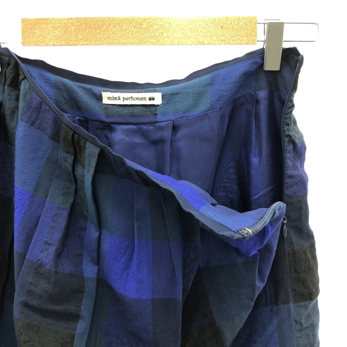 【미품】 mina perhonen / 미나펠호넨 | 조인 블록 체크 스커트 | 38 | 네이비 | 여성